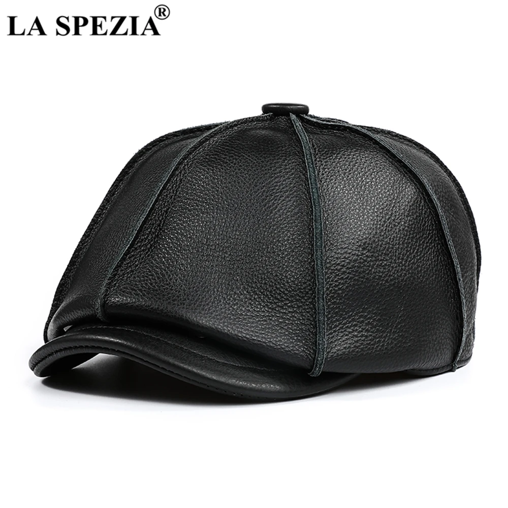 LA SPEZIA Genuine Leather Newsboy Cap Men Real Cowskin Leather Octagonal Hat Autumn Winter HIgh Quality Hats for Men Accessories