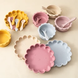 4 Stuks Siliconen Baby Servies Set Leeuw Vorm Plaat Kom Zachte Lepel Vork Voeden Training Baby Eetbord Zuig baby Gerechten