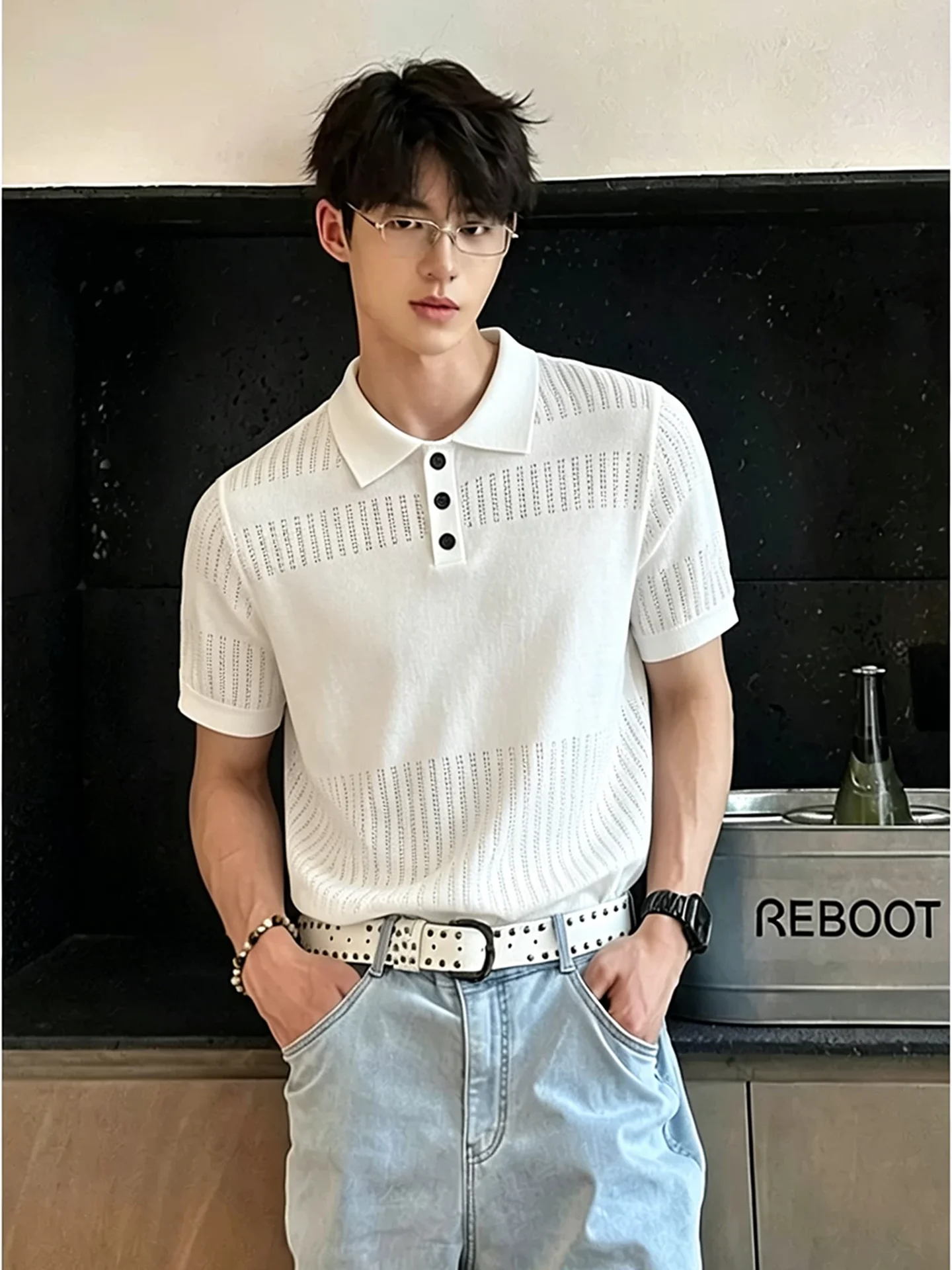 

Men's Ice Silk Shirt Hollow out Knitted Short Sleeve Summer Breathable Soft Comfortable Clean Fit Casual T-Shirt