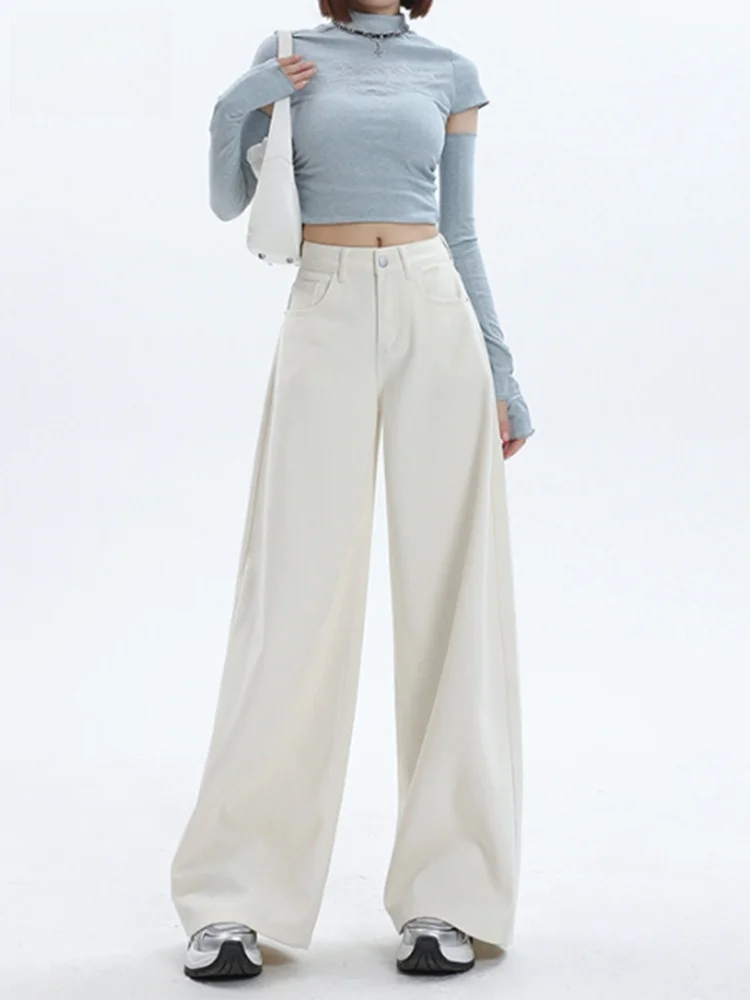 

Джинсы прямого кроя с высокой талией, свободные, женские, белые, осенние, новая модель, универсальные, длиной в пол, удобные, стройнящие