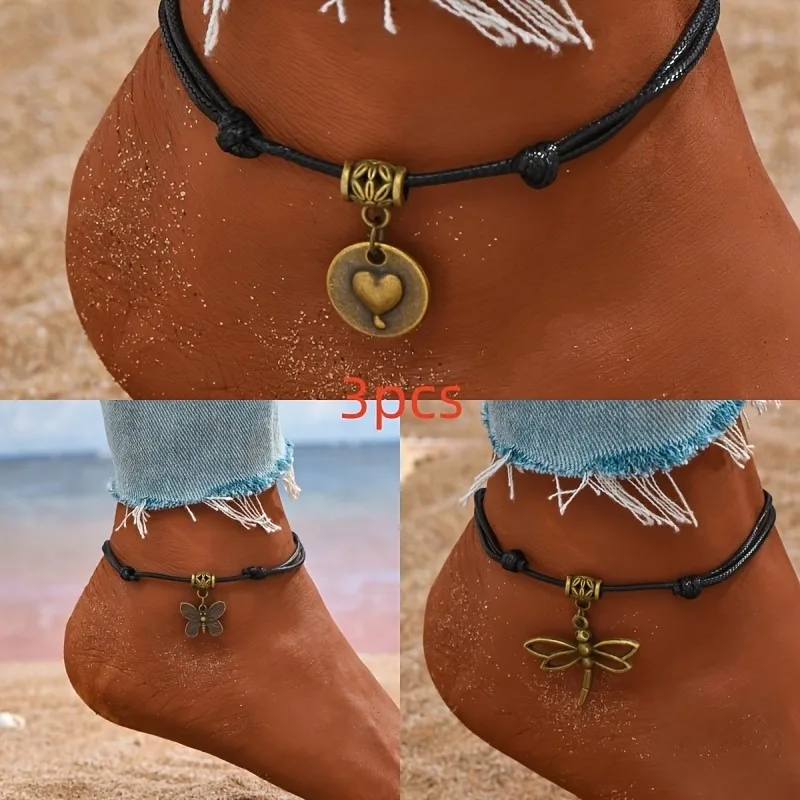 Dragonfly Butterfly Love Pendant PU Leather Woven Ankle Bracelet Set, 3pcs Drawstring Ankle Chain, Summer Beach Travel