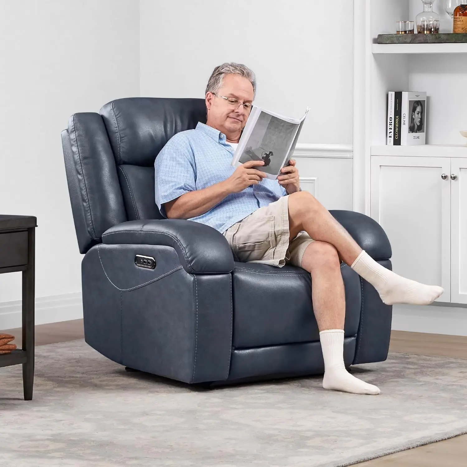 #Genuine Leather Power Recliner Chair Wall Hugger Power Headrest USB Port RV Living Room Navy Customized
