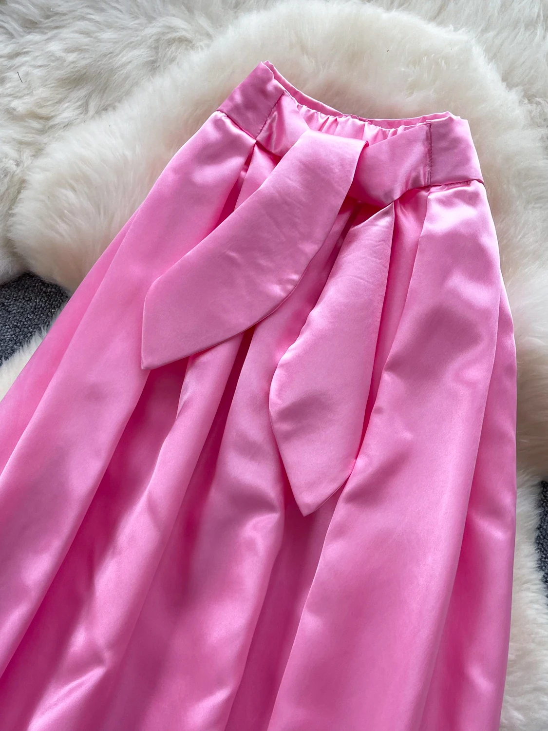 Elegant Korean Style High Waist A-Line Silk Half Skirt with Belt for Women Commute Slimming Long Pink Party Skirts