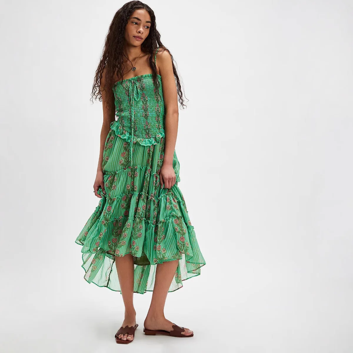 

Women's Flower Print Spaghetti Strap Dresses Casual Vacation Style Patchwork Irregular Long Dress Female Streetwear Summer New