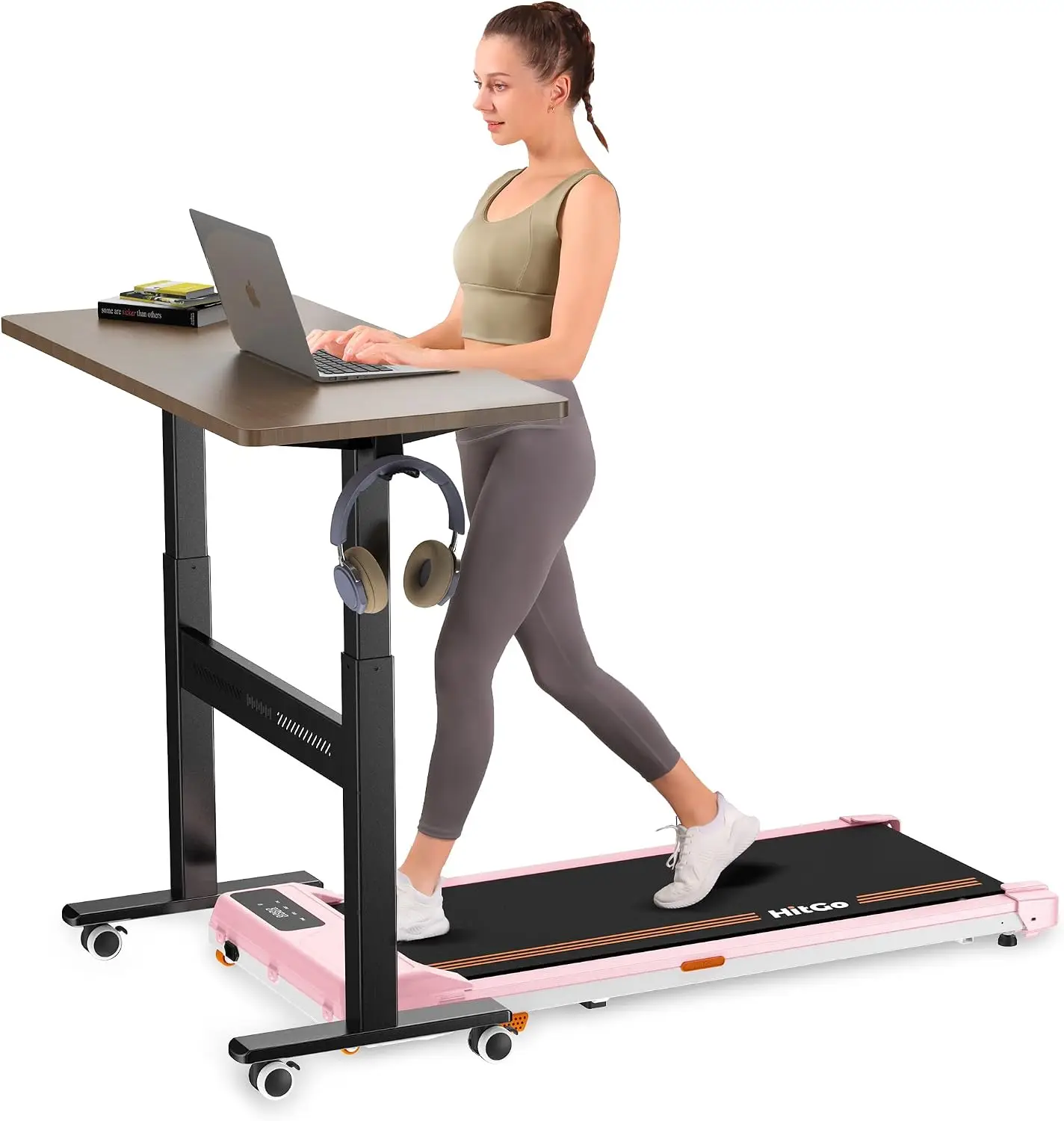 Mobile Standing Desk with Wheels, 32 inch Pneumatic Height Adjustable Desk for Walking Pad, Small Rolling Computer Workstation,