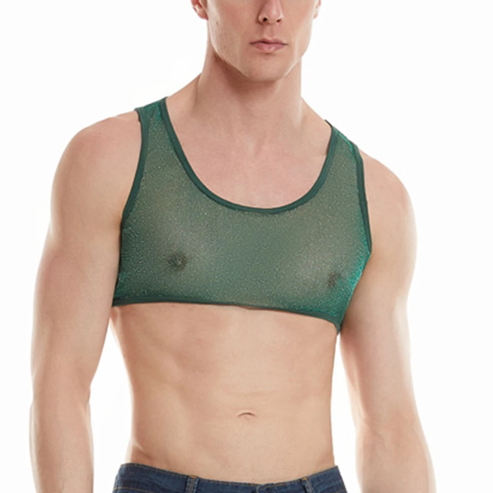 男性シースルーメッシュ薄手のタンクトップノースリーブ筋肉通気性速乾アンダーシャツクロップ超薄型エロトップス U ネックベスト