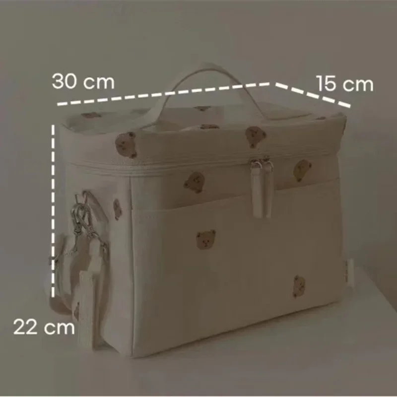 Bear Embroidery Insulated Lunch Bag Kids Portable Food Storage Canvas Waterproof Thermal Lunch Box Mommy Diaper Bag for Stroller