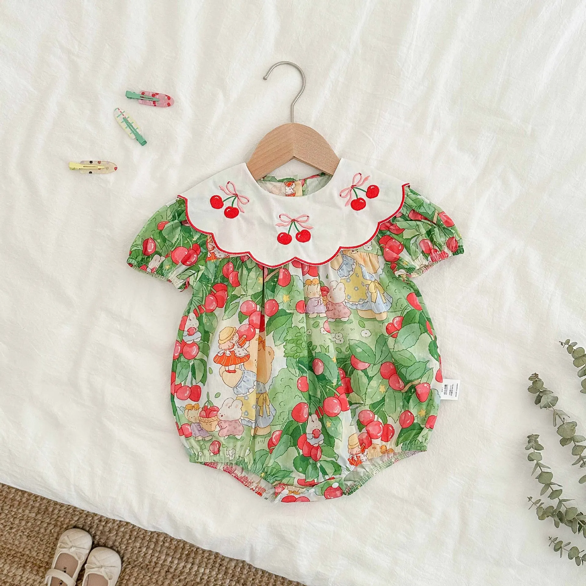 

Summer Baby Girls Clothes Toddler Infant Girls Bunny Bodysuits Cherry Print Toddler Outfit