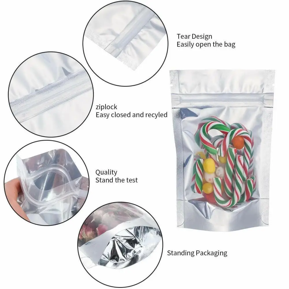 10Pcs Clear Silver Zip Lock Mylar Foil Plastic Bag Tear Notch Zipper Seal Resealable Reusable Food Candy Snack Storage Pouches