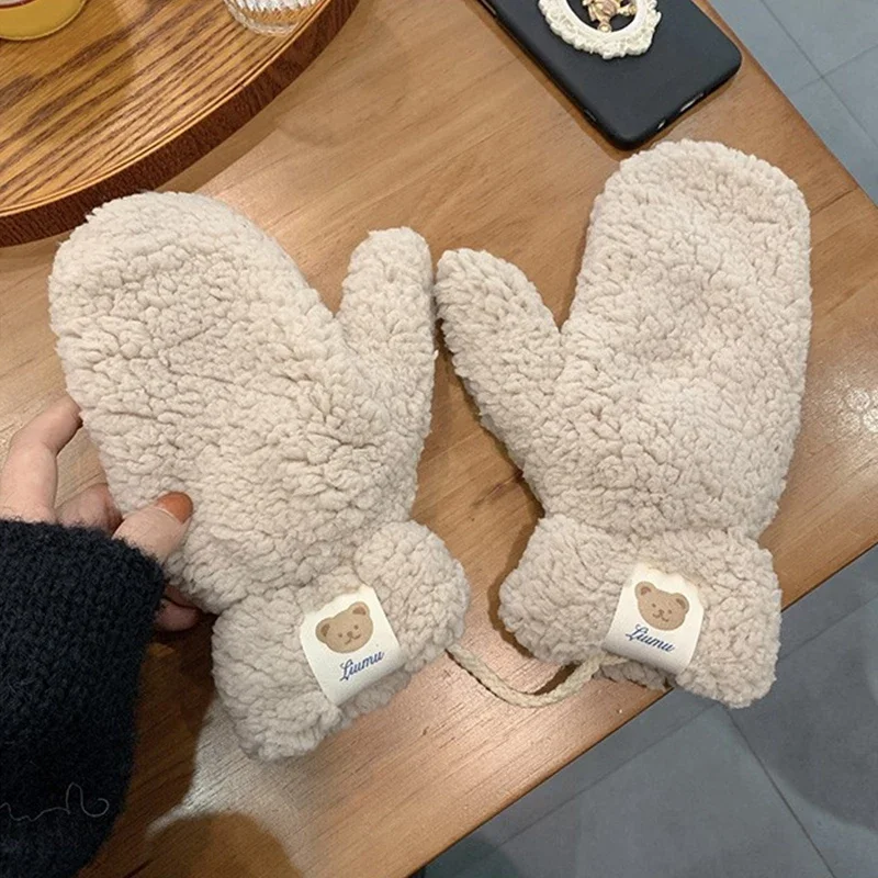 Kawaii Plush Warm Gloves Soft Winter Thick Fingerless Korean Japanese Bear Gloves With Ropes Casual Outdoor Riding Mittens Warm