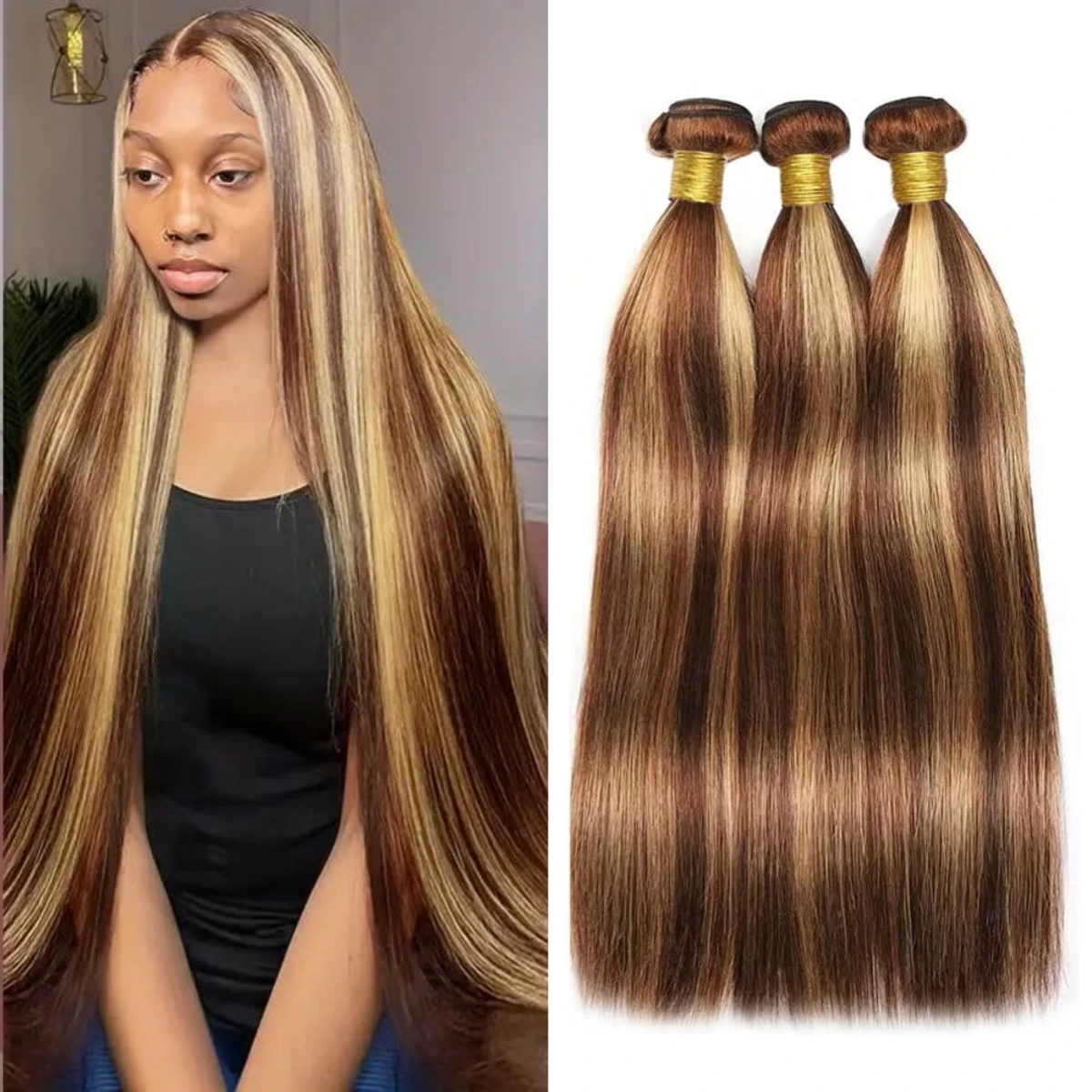 4/27 pacotes de destaque osso em linha reta feixes de cabelo humano tecer cabelo brasileiro 100% extensões de cabelo humano ombre pacotes de cabelo marrom