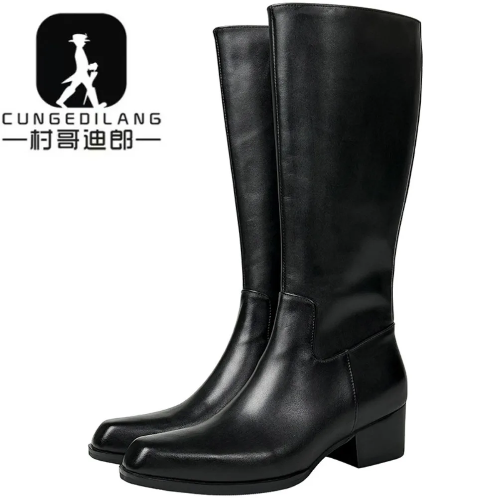 Handsome Men Boots 5cm High Heels Genuine Boots Men Knee-high Equestrian Boots Hombre for Men Party/Wedding, EUR 36-44