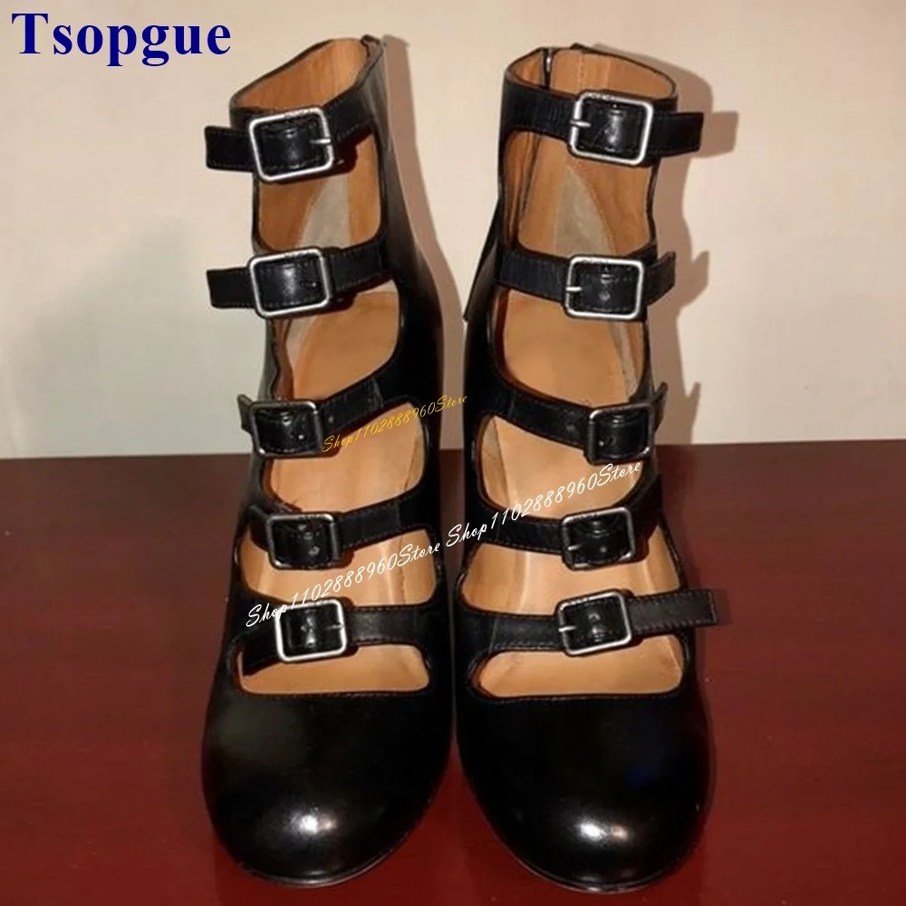 Casual Zwarte Gesp Riem Trendy Pumps Chunky Hoge Hak Damesschoenen Rug Rits Ronde Neus 2024 Modieuze Zapatos Para Mujere