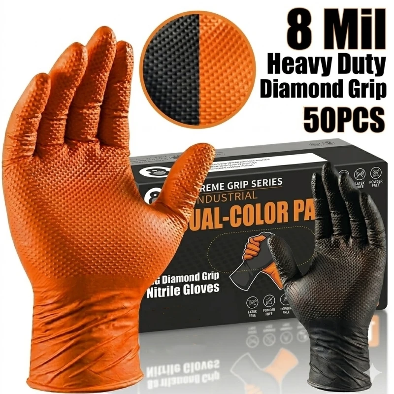 Guanti in nitrile da 8 mil, resistenti, arancioni, con texture a rombi per una presa ottimale, ideali per giardinaggio, antiscivolo, per lavori industriali, meccanici, per l’auto e per la sicurezza