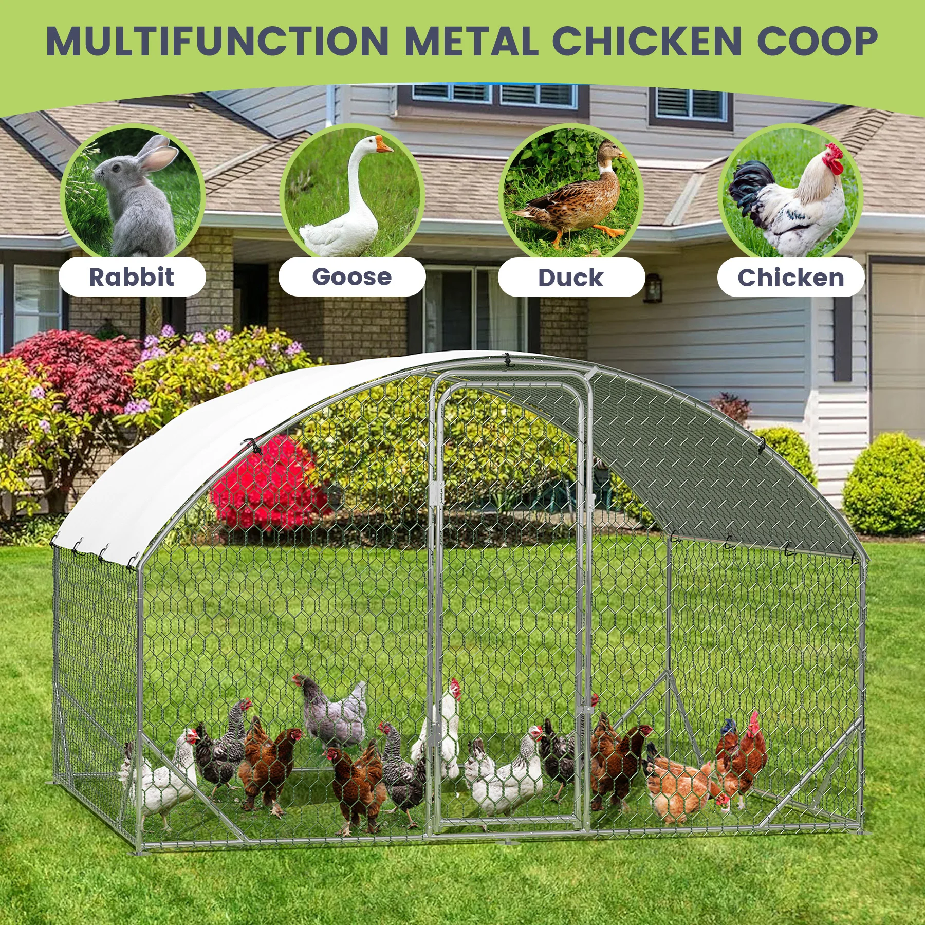 

Dome Chicken Coop with Upgrade Tri-Supporting, Large Metal Chicken Coop, Chicken Run with Waterproof and Anti-UV Cover