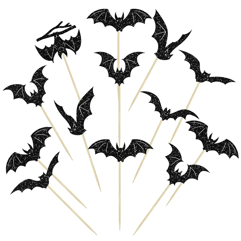 12/24Pcs Halloween Bat Cupcake Topper Black Glitter Bat Cupcake Picks for Kids Halloween Birthday Party Cake Decoration Supplies