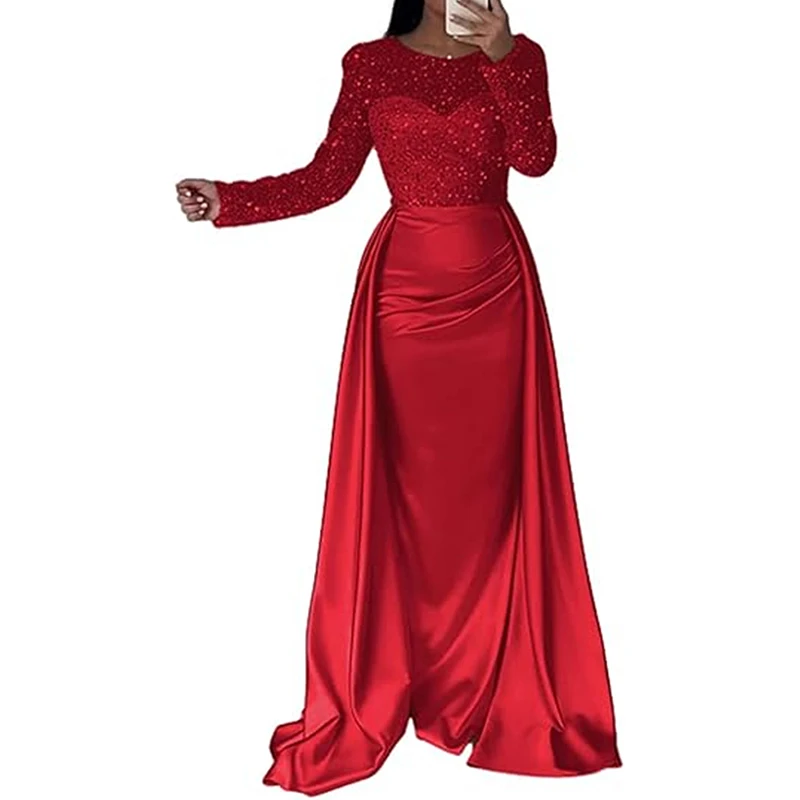 2025 New Year Women Evening Dress Elegant Sequin Patchwork Slim Banquet Dress Lady Temperament Long Sleeved Pleated A-line Dress