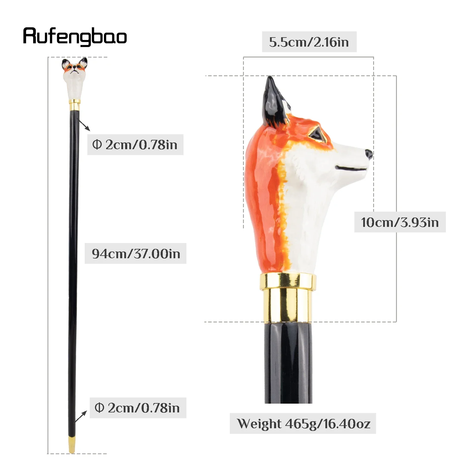 Ceramic Red Fox Head Wooden Single Joint Fashion Wood Walking Stick Decorative Walking Cane Halloween Mace Wand Crosier 95cm