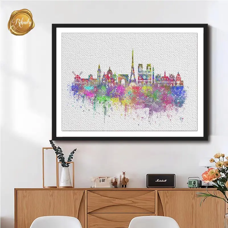 Watercolor Original Paris Skyline Canvas Painting Wall Art Poster Print Pictures Living Room Home Decor Wall Art Hanging Sticker