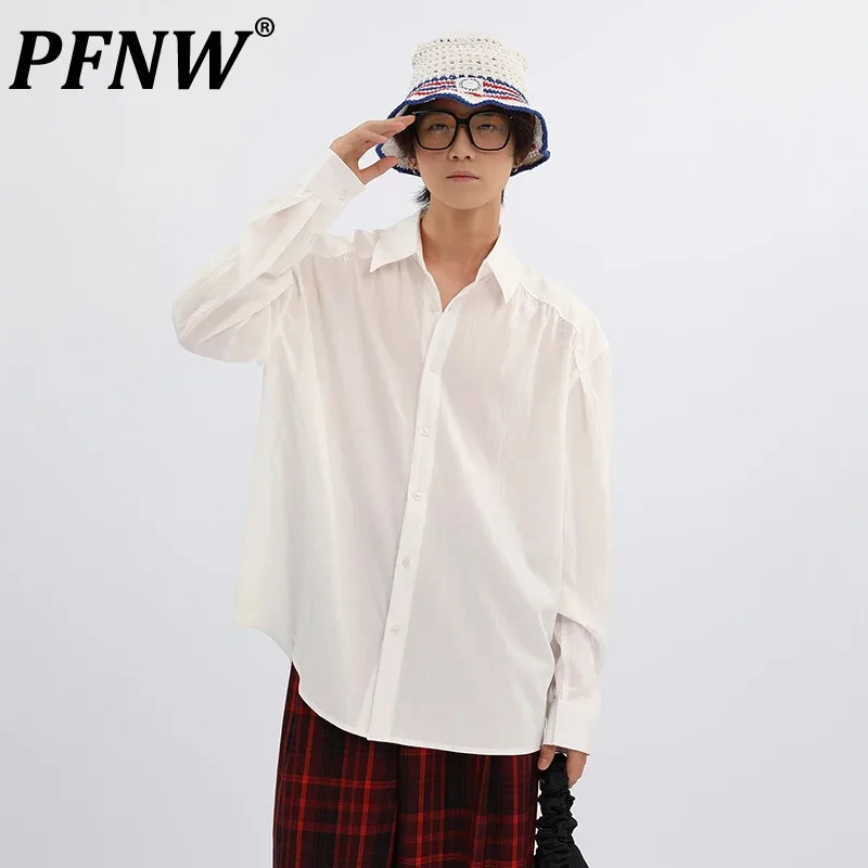 

PFNW Korean Style Slightly Pleated Design Shirt Men's Lapel Solid Color Simple Trendy Versatile Tops 2024 Autumn Fashion 28W5153