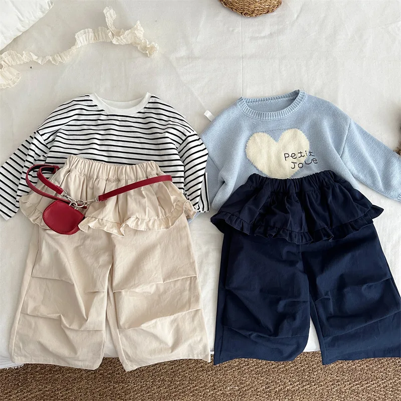 

Брюки для девочек, осень 2023, новая детская одежда, корейская юбка с деревянными ушками для девочек, прямые брюки-трубы, повседневные, простые, универсальные