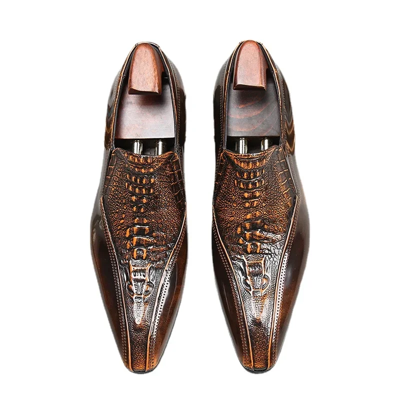 Real Patent Leather Men\'s Dress Shoes Fashion Crocodile Pattern Slip on Brown Black Luxury Handmade Genuine Leather Shoes