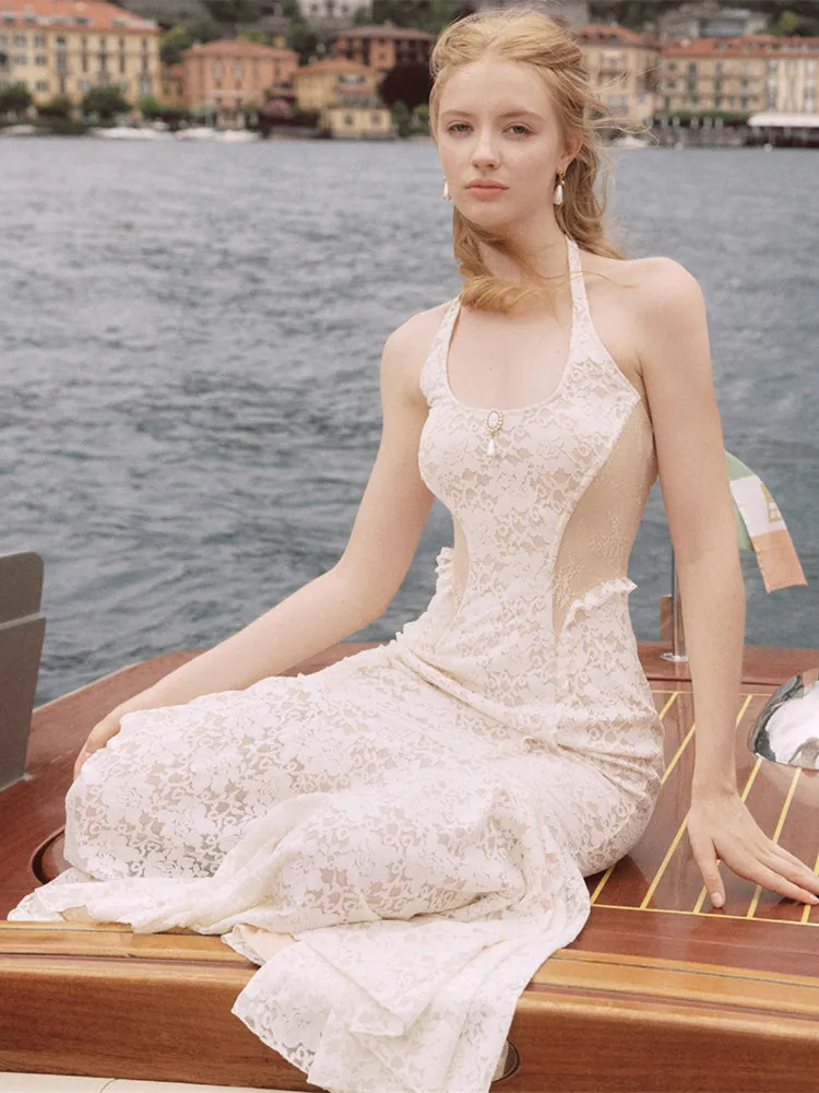 80-102cm Bust Summer Holiday Dresses Women Vintage Elegant Slim Sexy Backless Halterneck Fishtail Lace Birthday Party Long Dress