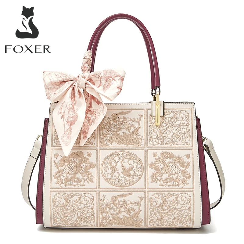 FOXER Women's Shoulder Handbag New Office Lady Crossbody Bag Medium Tote Chic Split Leather Silk Scarf Printing Pocket Mom's Bag