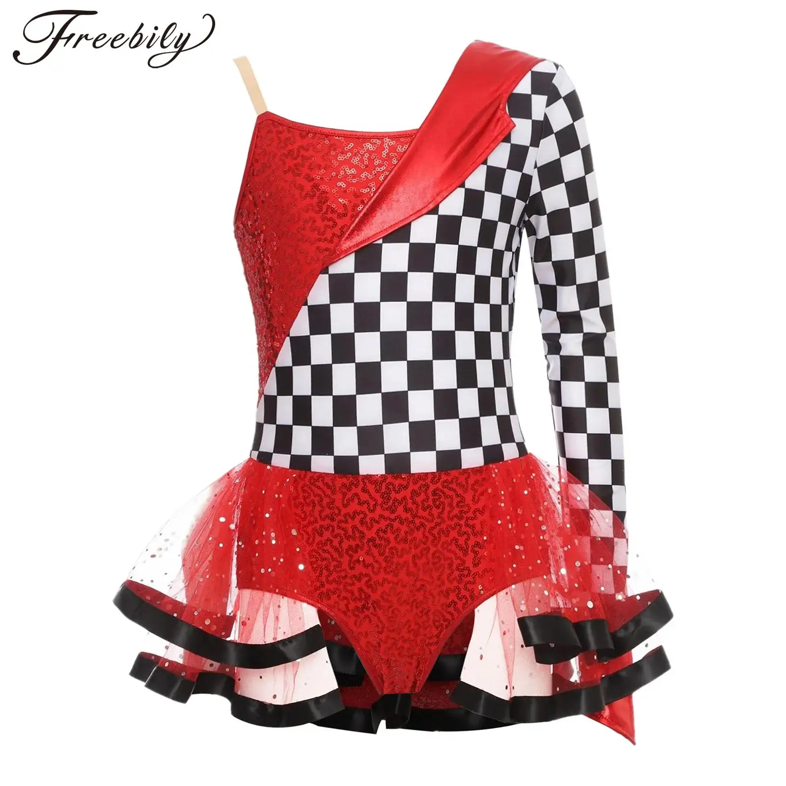 Girls Racer Cosplay Costume Sequins Checkerboard Tutu Dress Ballet Gymnastics Leotard Halloween Carnival Race Car Driver Dress