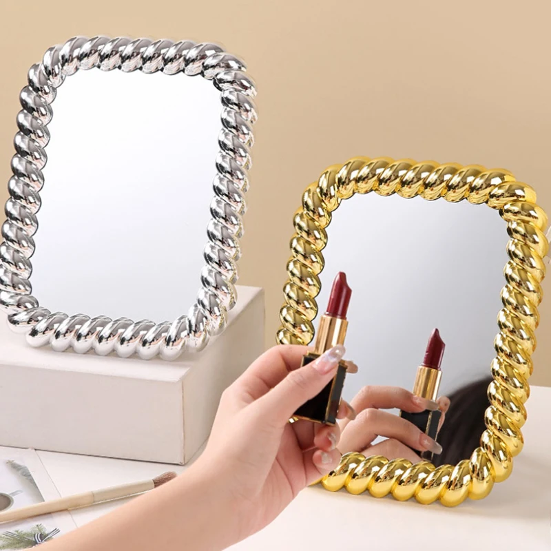 Electroplated Mirror Retro Square Round Mirror Hd Portable Makeup Mirror Desktop Standing Dresser Mirror