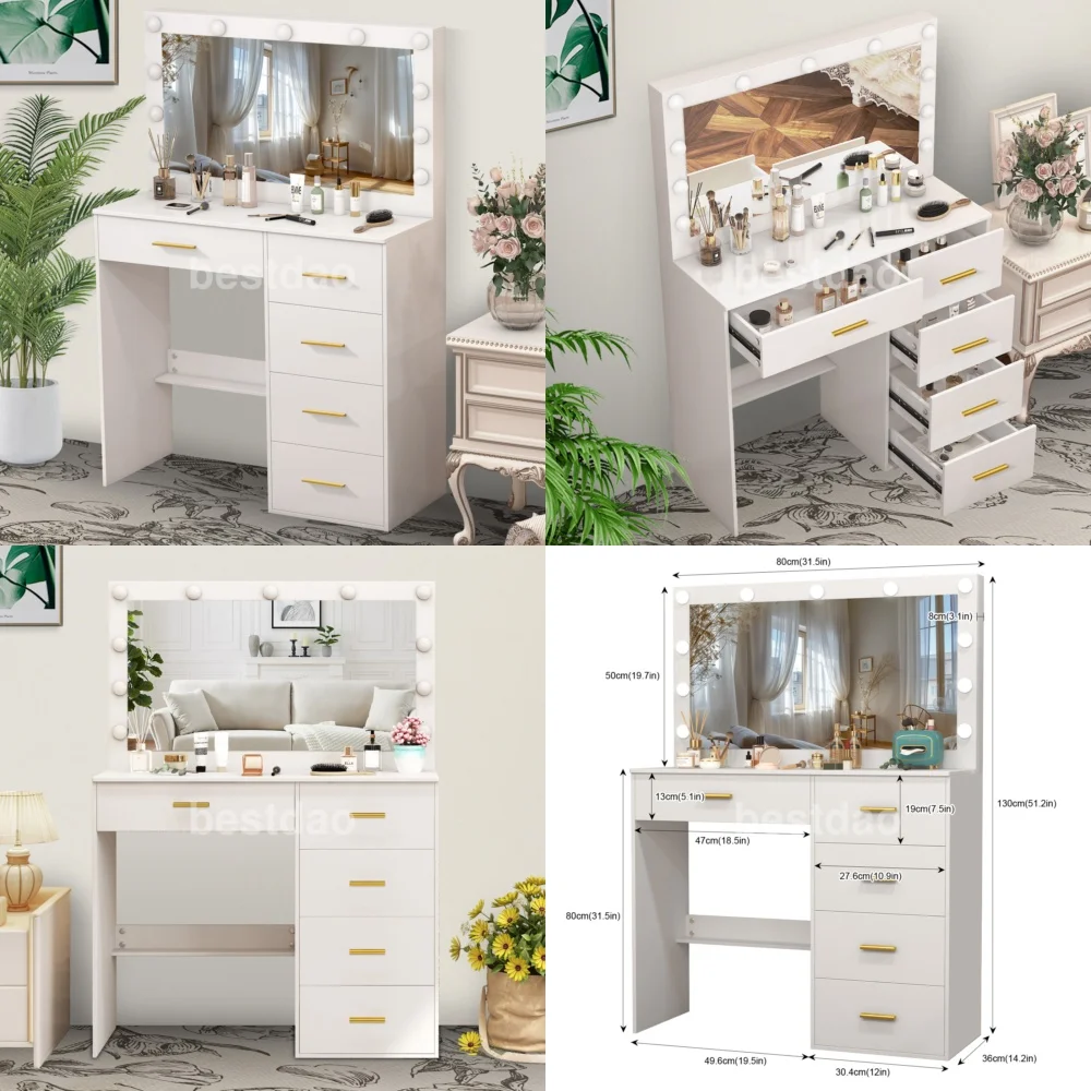 Туалетный столик для макияжа. Светодиодный туалетный столик с регулируемой яркостью, зеркалом и 5 ящиками для макияжа и хранения.