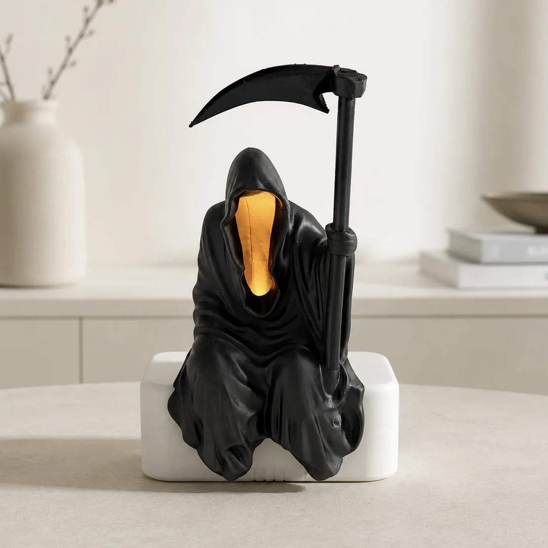 3D Printed Grim Reaper Figurine with Scythe Edge Sitter Statue Bookshelf Desktop Ornament Halloween Home Decor Gift