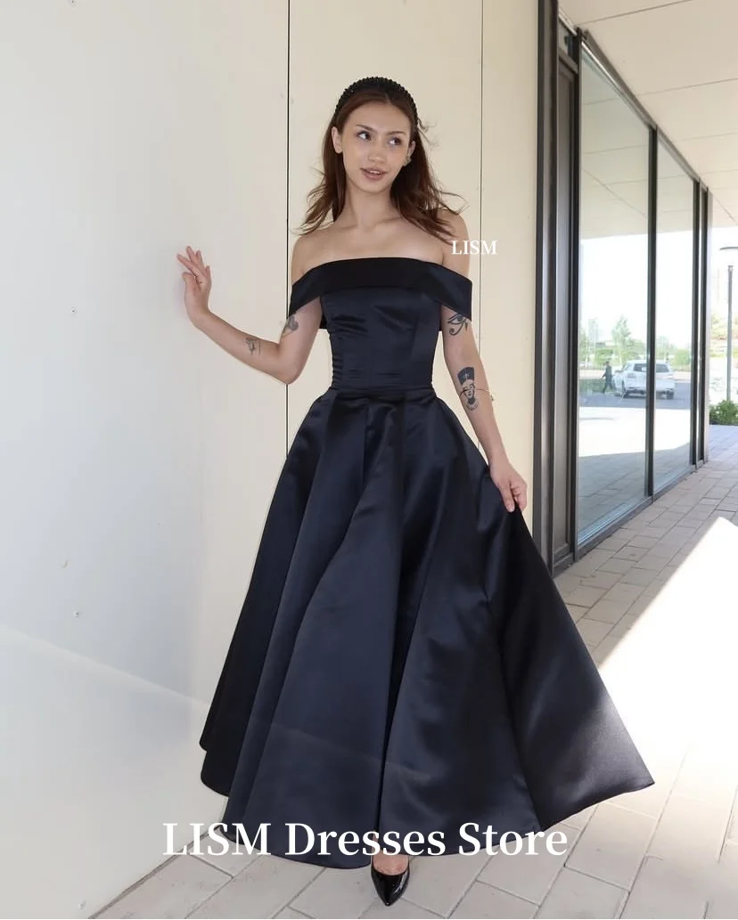 LIAM สีดําปิดไหล่ชุดราตรี A-Line ผ้าไหมซาติน Elegant Prom Dresses robe de soirée ปรับแต่งชุดปาร์ตี้อย่างเป็นทางการ
