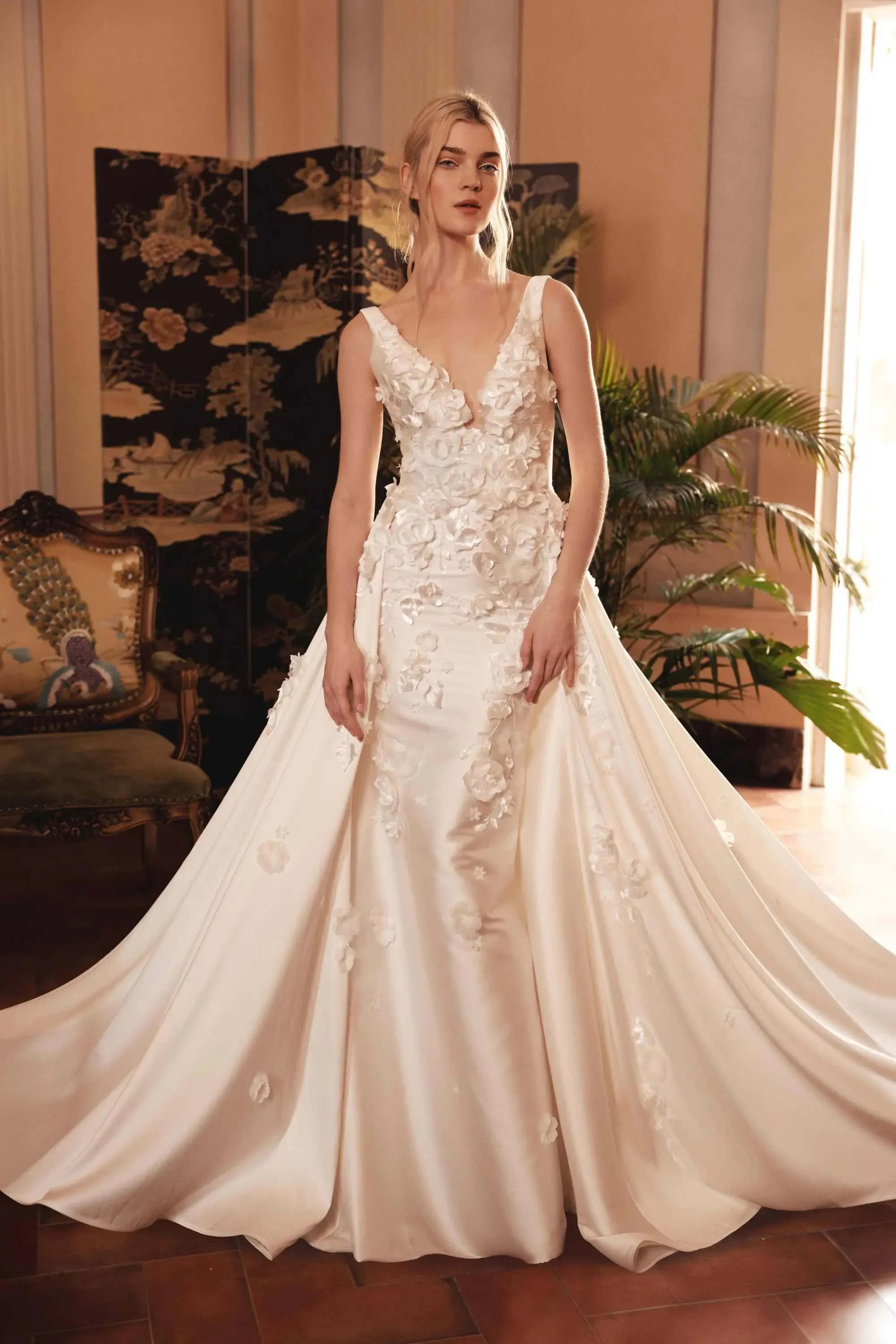 Stylish Satin Wedding Dresses For Woman V-Neck Detachable Train 3D Flowers Appliques Vestidos Novias Boda Custom Made