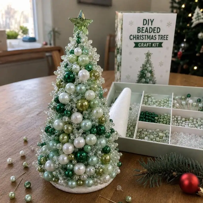 DIY Christmas Tree Pearl Bead Craft Kit 1 Set Mini Tabletop Xmas Ornament for Christmas -up Stall Goods