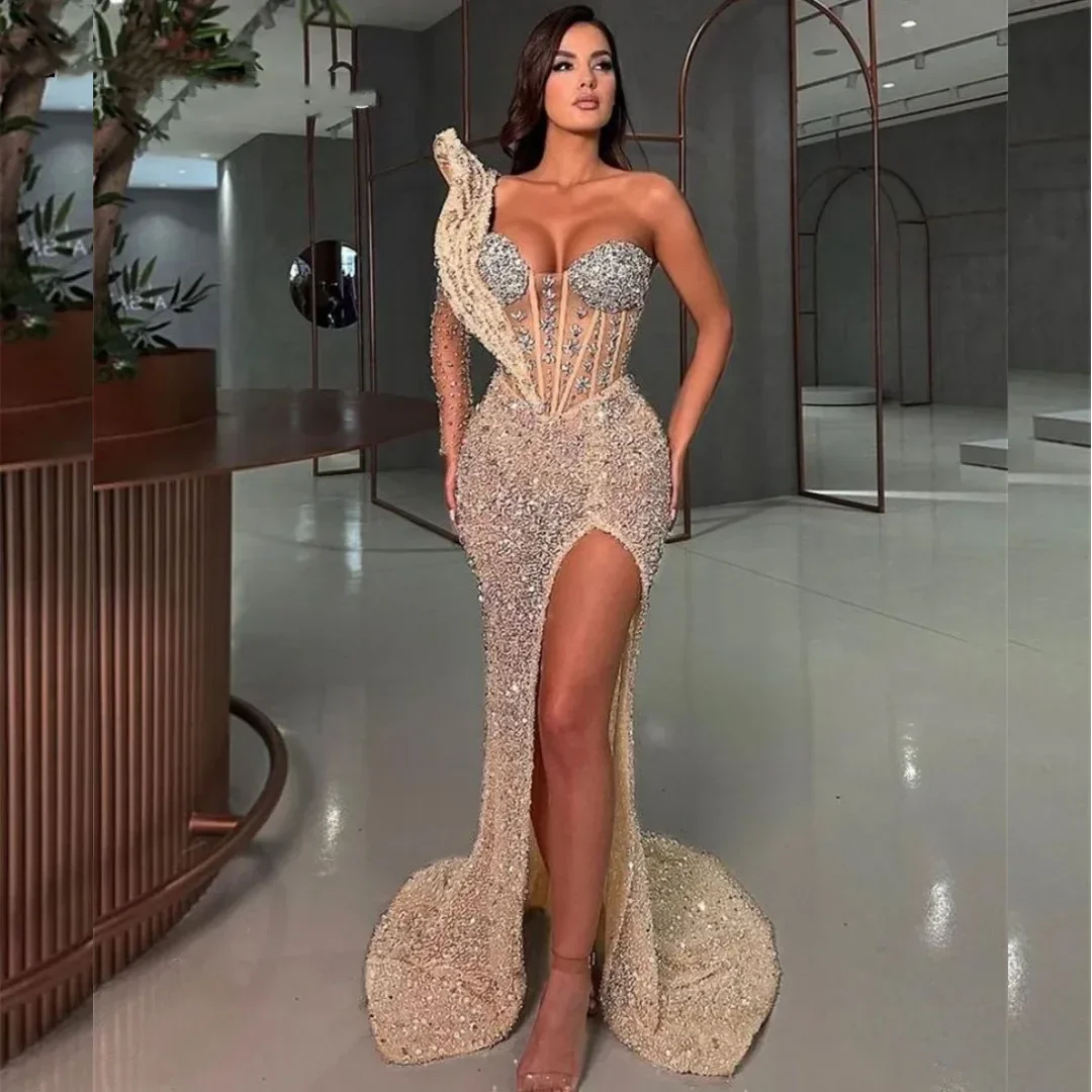 

Изысканное кружевное платье цвета шампанского с блестками для выпускного вечера на одно плечо, платье для выпускного вечера с кристаллами, женское платье с высоким разрезом и блестками