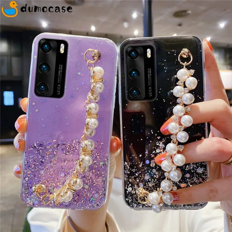 Shiny Pearls Diamonds Wrist Chain Hand Strap Glitter Bling Phone Case for Sansung Galaxy A52 A32 A72 A12 A13 A33 A51 A31 A21S