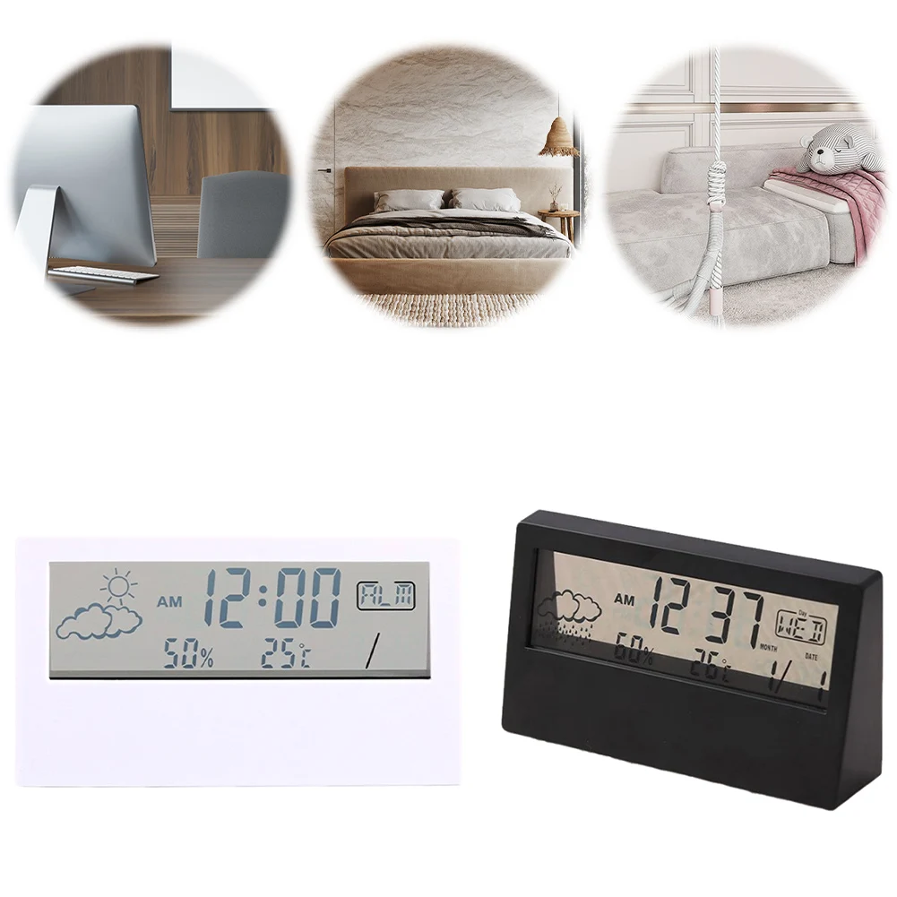 

Thermo-Hygrometer Clock Weather Display Electric Desk Alarm Clock LCD Digital Temperature Humidity Meter for Living Room Bedroom