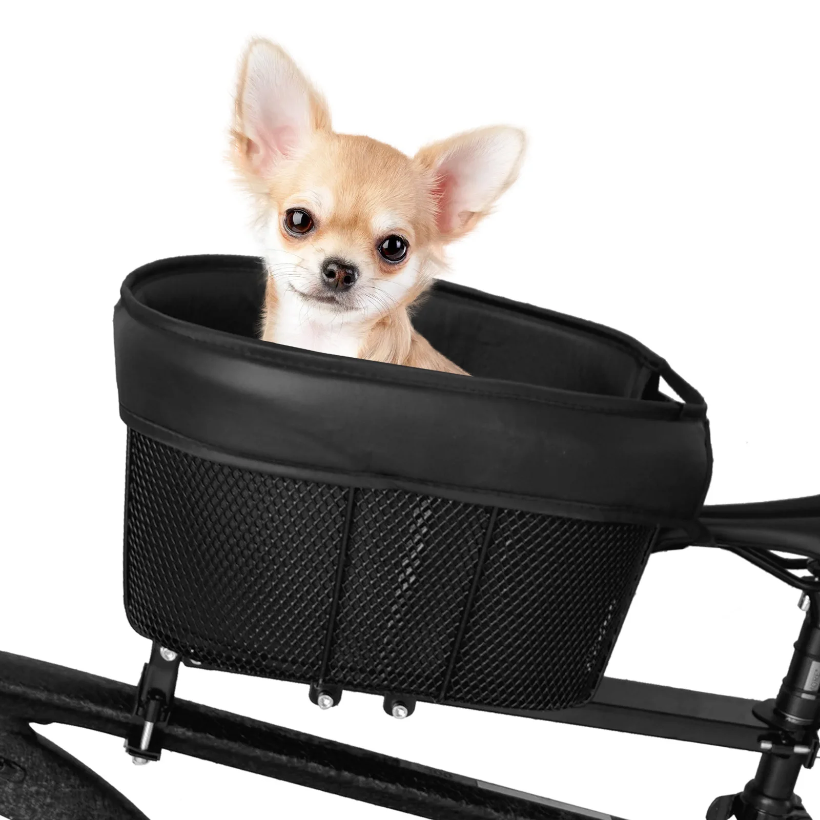 

Dog Cycling Basket Cycling Shopping Basket Portable Cat and Dog Carrier for Front Crossbar with Sponge Liner Safety Strap Black