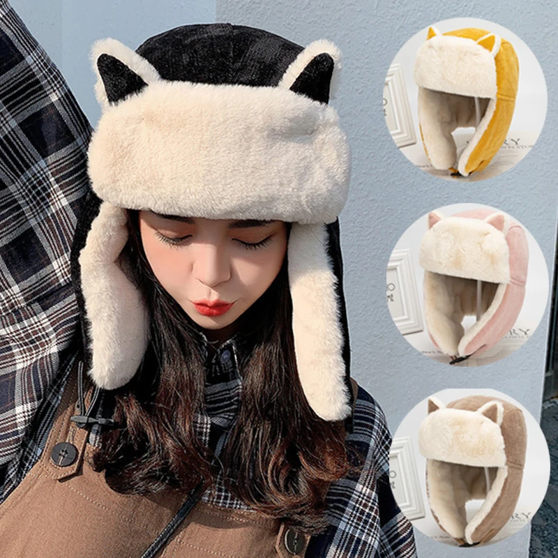 

Women Warm Trapper Aviator Trooper Earflap Hat Thicken Winter Cap Flaps Ski Hat Cat Ears Bomber Hats Unisex Ski Corduroy Hats