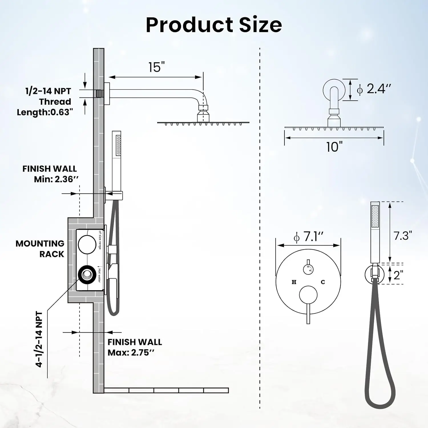 10 Inch Round Rainfall Showerhead Wall Mounted High Pressure Faucet Set with Valve and Handheld Spray, Matte Black