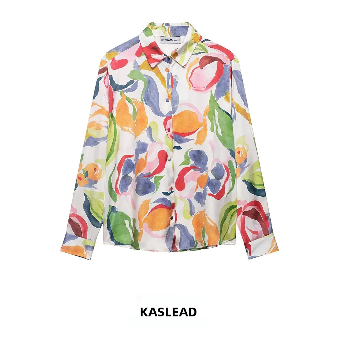 KASLEAD New Women's Fashion Floral Print Silk Satin Feel Shirt Loose Fit Long Sleeve Polyester Fiber Anti-Wrinkle Spring 2026