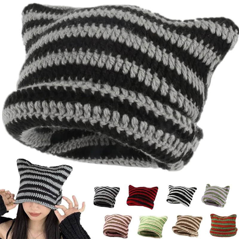 Y2K Japanese Streetwear Harajuku Beanie Hat Little Devil Striped Knitted Hat ForWomen Girls Autumn Winter Cute Cat Ears Cap