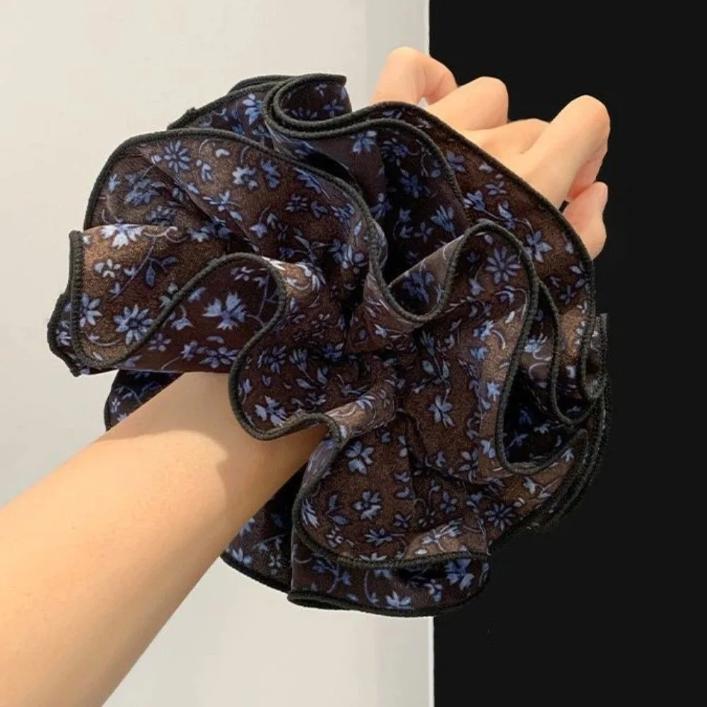 

Vintage Floral Big Satin Scrunchies Brown Chiffon Ponytail Holder Elastic Hair Accessories Scrunchie Hair Ties Bun Hairstyle