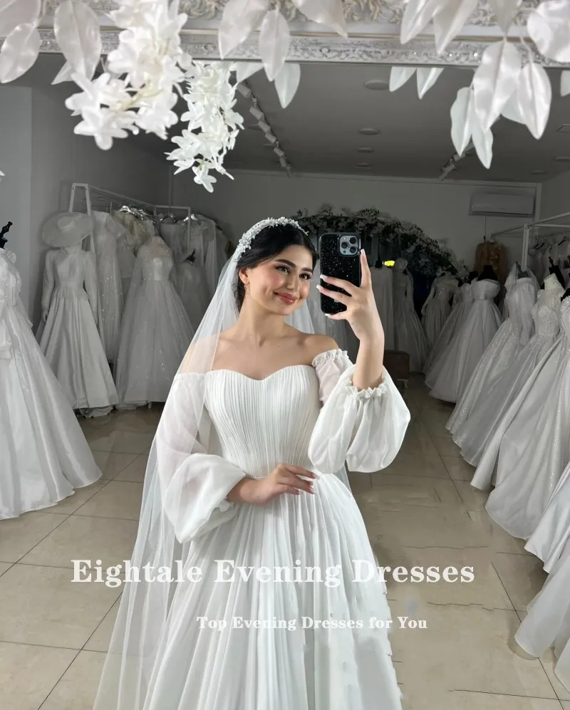 Eightale Arabic Wedding Dress Sweetheart Customized Ivory Chiffon Pleats Long Sleeves Bridal Gown A-Line Bride Party Dress