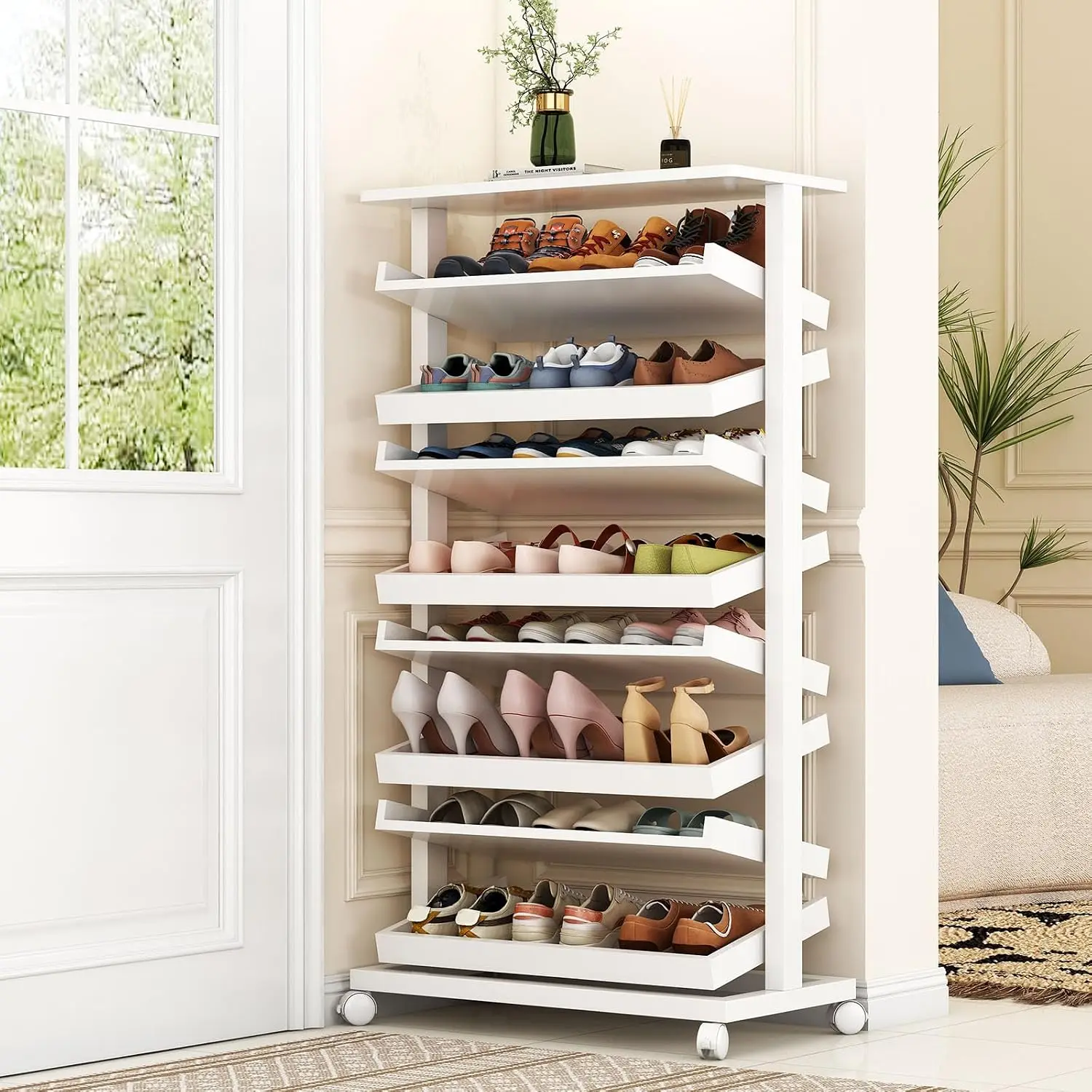 8 Tier Rotating Shoe Rack Freestanding Storage Organizer Entryway Closet 360 Spinning Holds 24-32 Pairs, Customized