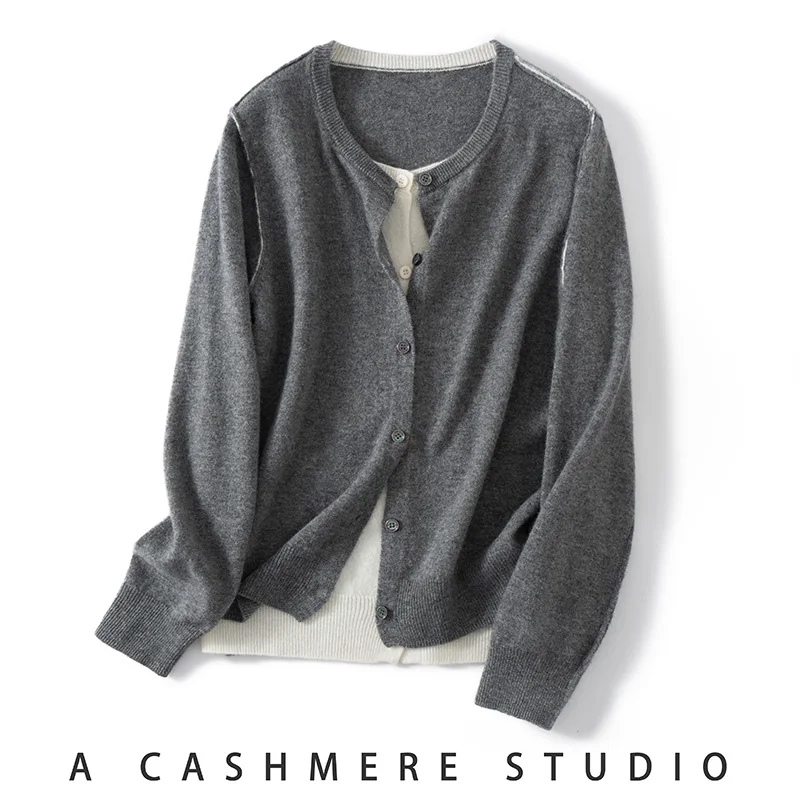 

Women's 100% Cashmere Casual Fake Two-Piece Round Collar Trendy Color-Block Fashion Cardigan Sweater Autumn Winter Cashmere Tops