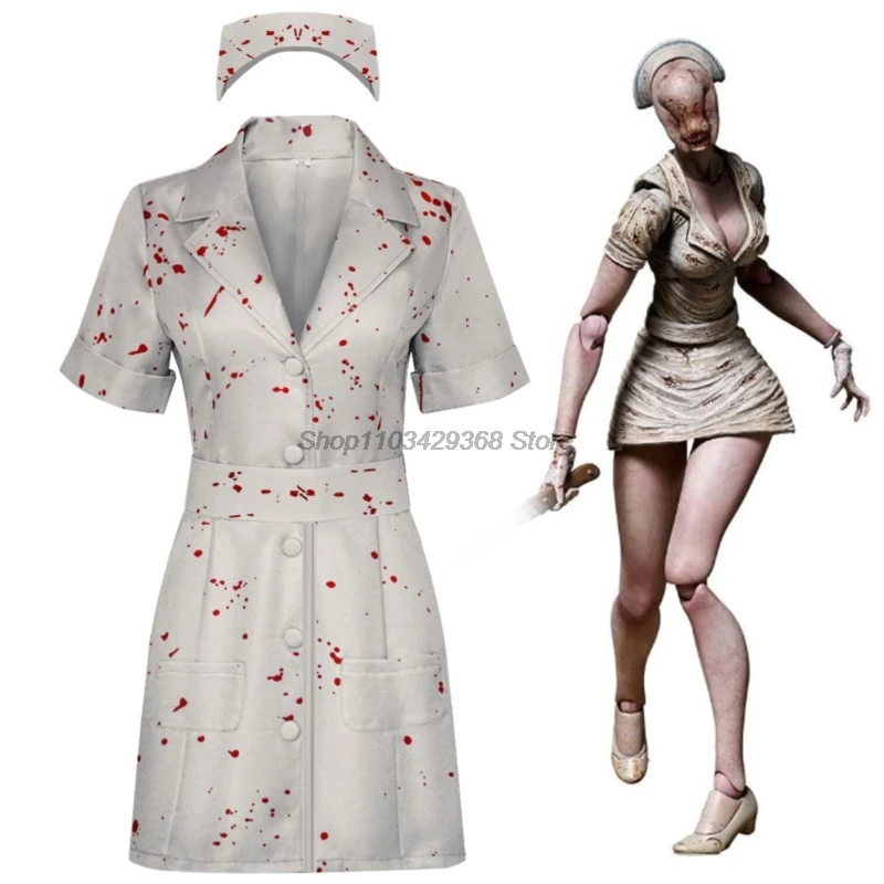 

Zombie Nurse Cosplay Uniform Anime Silent Hill 2 Costume Bloodstain Dress Hat Set Halloween Party Role Play Terror Nurse Outfit