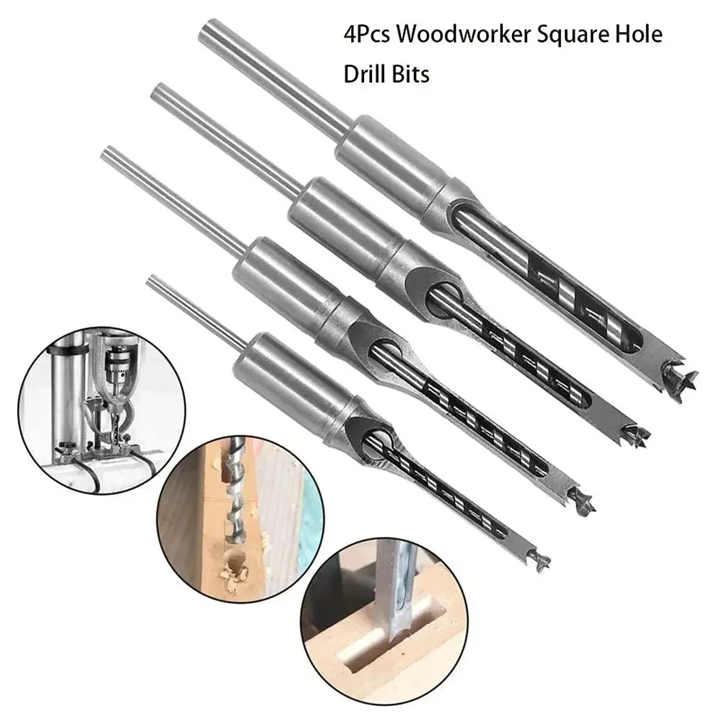 4Pcs Woodworking Tools Twist Square Hole Drill Bits Auger Mortising Chisel Extended Saw For Wood Carving DIY Furniture