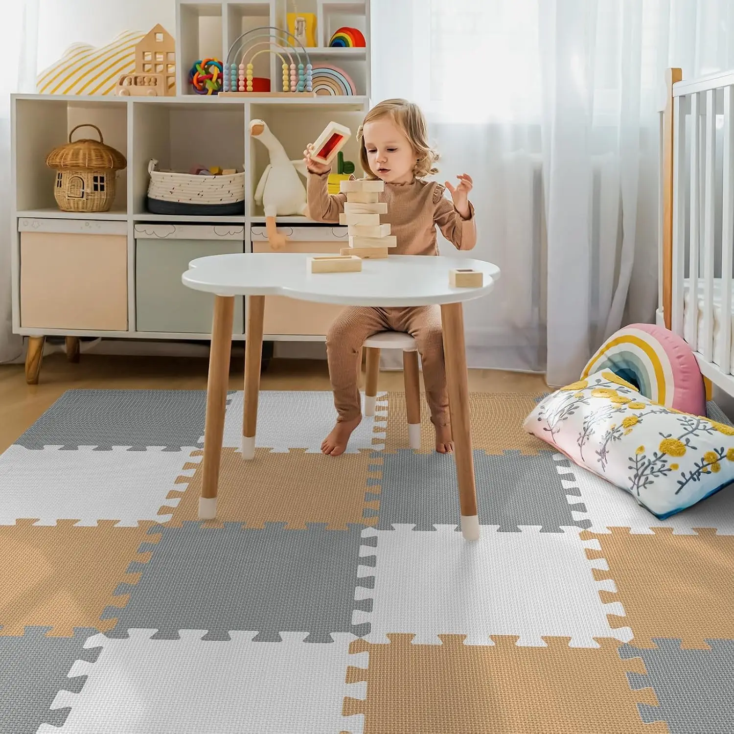 16 Tiles Baby Play Mat for Floor, EVA Foam Baby Floor Play Mat with 0.6 Inch Thick Interlocking Foam Tiles view 6